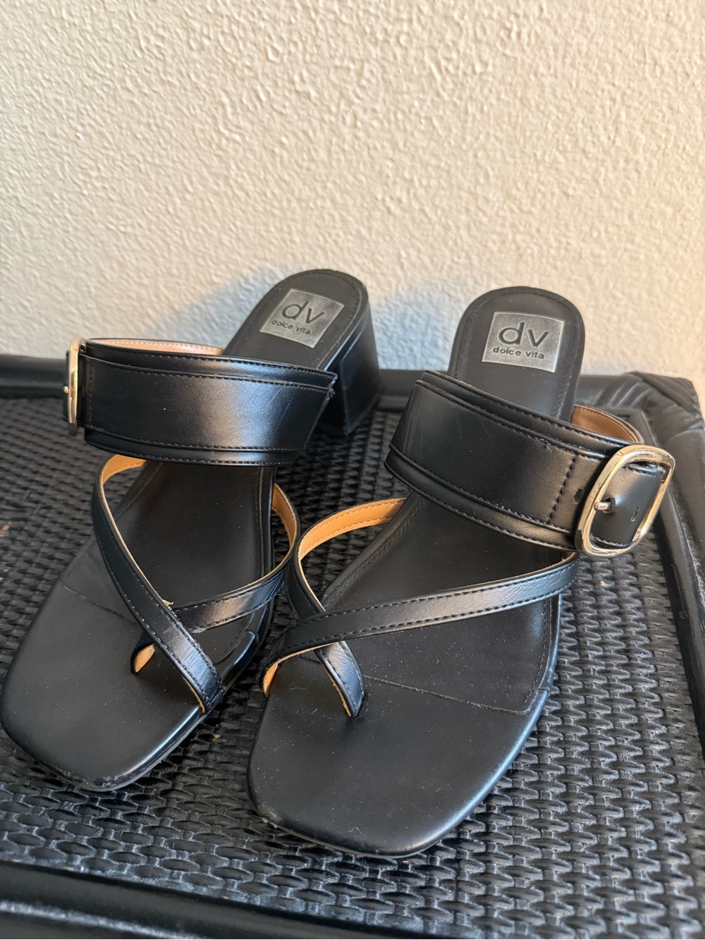Dolce Vita Black Leather Buckle Strap Block Heel Sandals